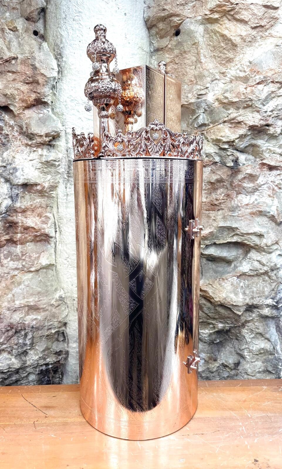Ornate Torah Case with Rose Beit HaMikdash Top - (Torah case)