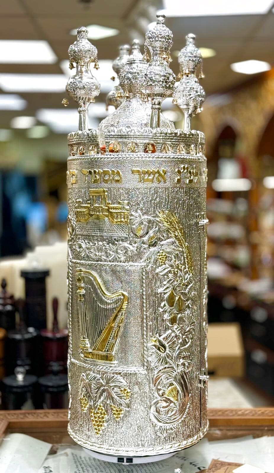 Harp Torah Case with Ornate Top and 4 Rimonim - (Torah case)